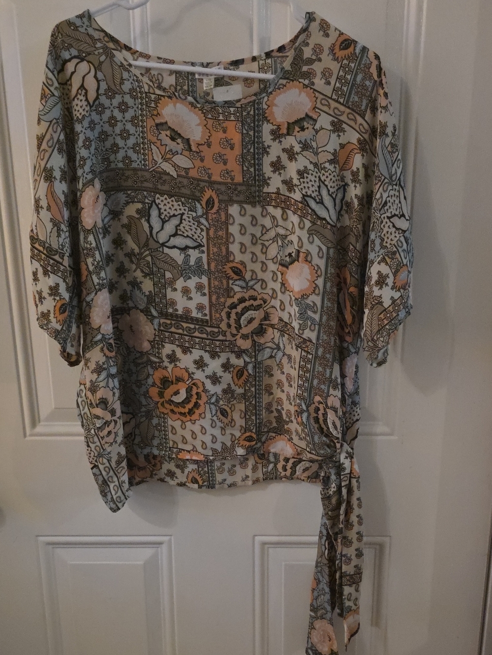 Spense Floral Patchwork Side-Tie Blouse in Peach & Sage